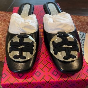 Tory Burch Woven Logo Kitten Heel Mule Black Goat Leather , MSRP$358